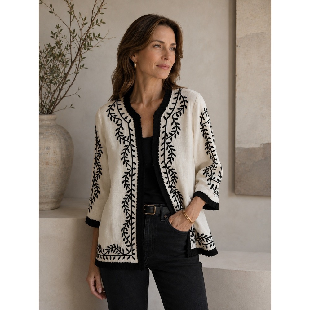 Linea Louis Dell'Olio Jacket Medium Cream Black Linen Embroidered Quiet Luxury
